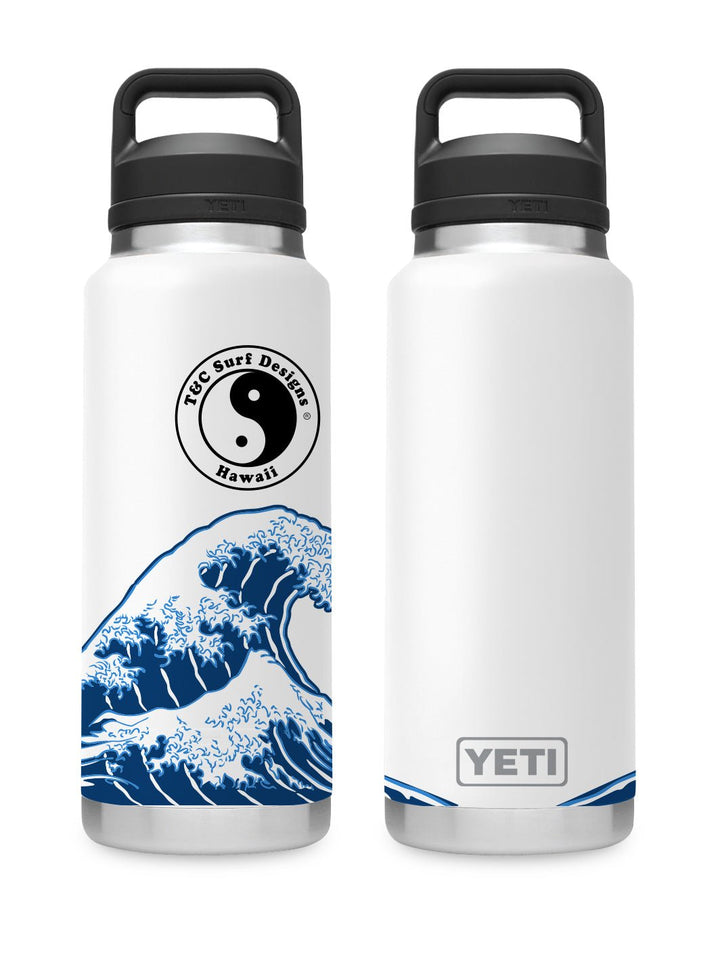 T&C Surf Designs T&C Surf 36 oz Brush Hokusai Rambler Yeti Bottle with Chug Cap, White