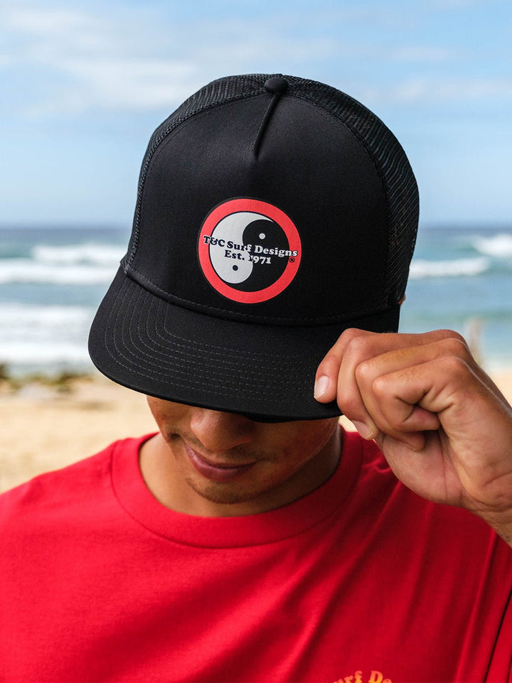 T&C Surf Designs Retro Neon Trucker Cap, Black Red