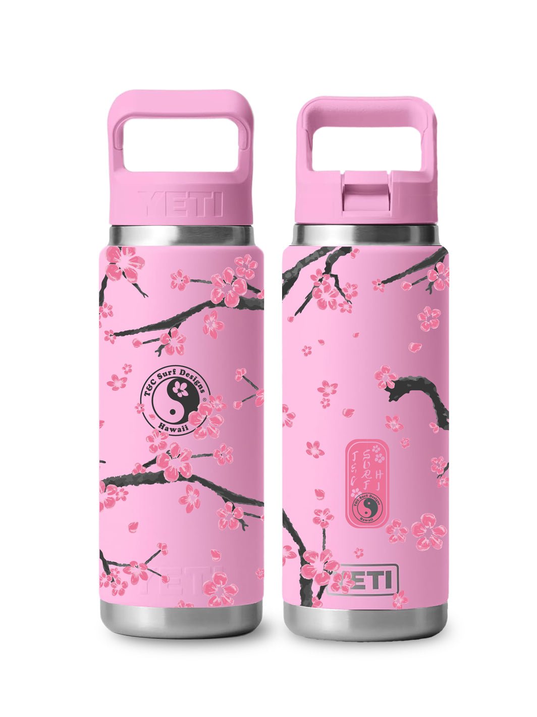 T&C Surf Designs T&C Surf 26 oz Plum Blossom Rambler Yeti Bottle with Straw Cap, Power Pink
