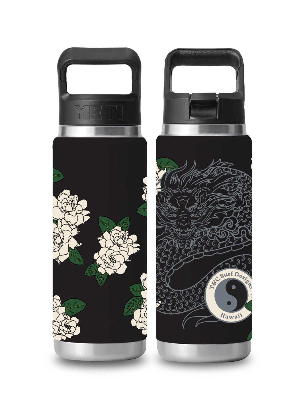 T&C Surf Designs T&C Surf 26 oz Dragon Bouquet Rambler Yeti Bottle with Straw Cap, Black