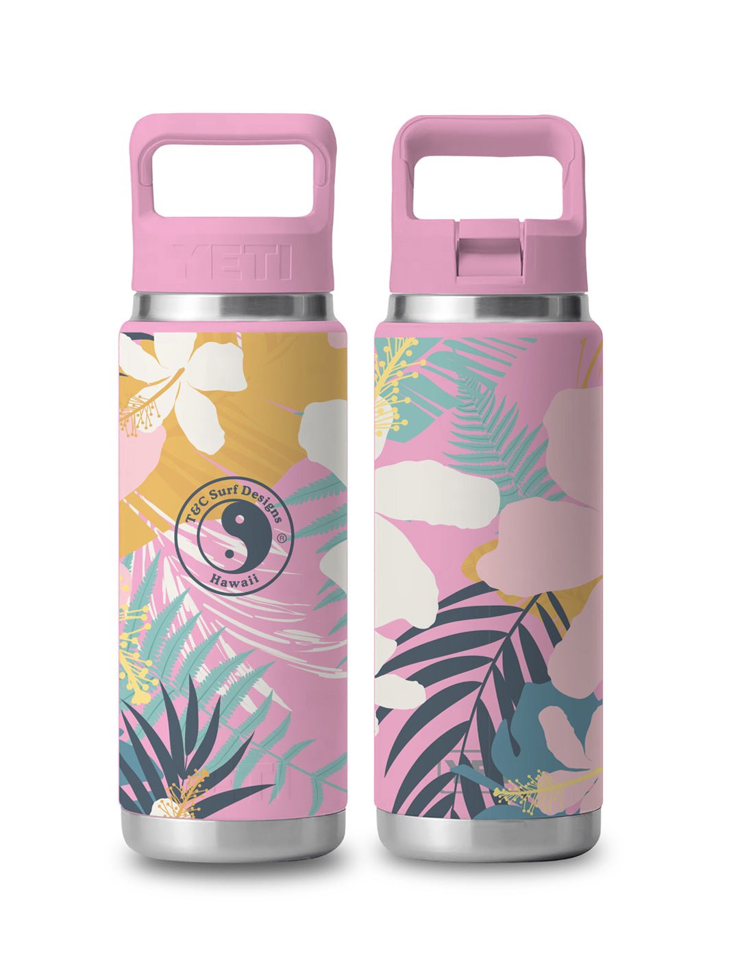 T&C Surf Designs T&C Surf 26 oz Hibiscus Rambler Yeti Bottle with Straw Cap, Power Pink