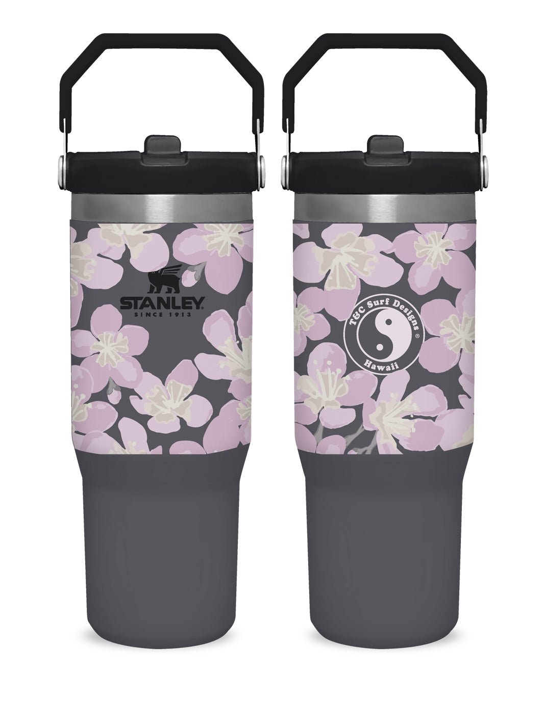 T&C Surf Designs T&C Surf 30 oz Aloha Painted Sakura Stanley The IcefIow™ Flip Straw Tumbler, Charcoal