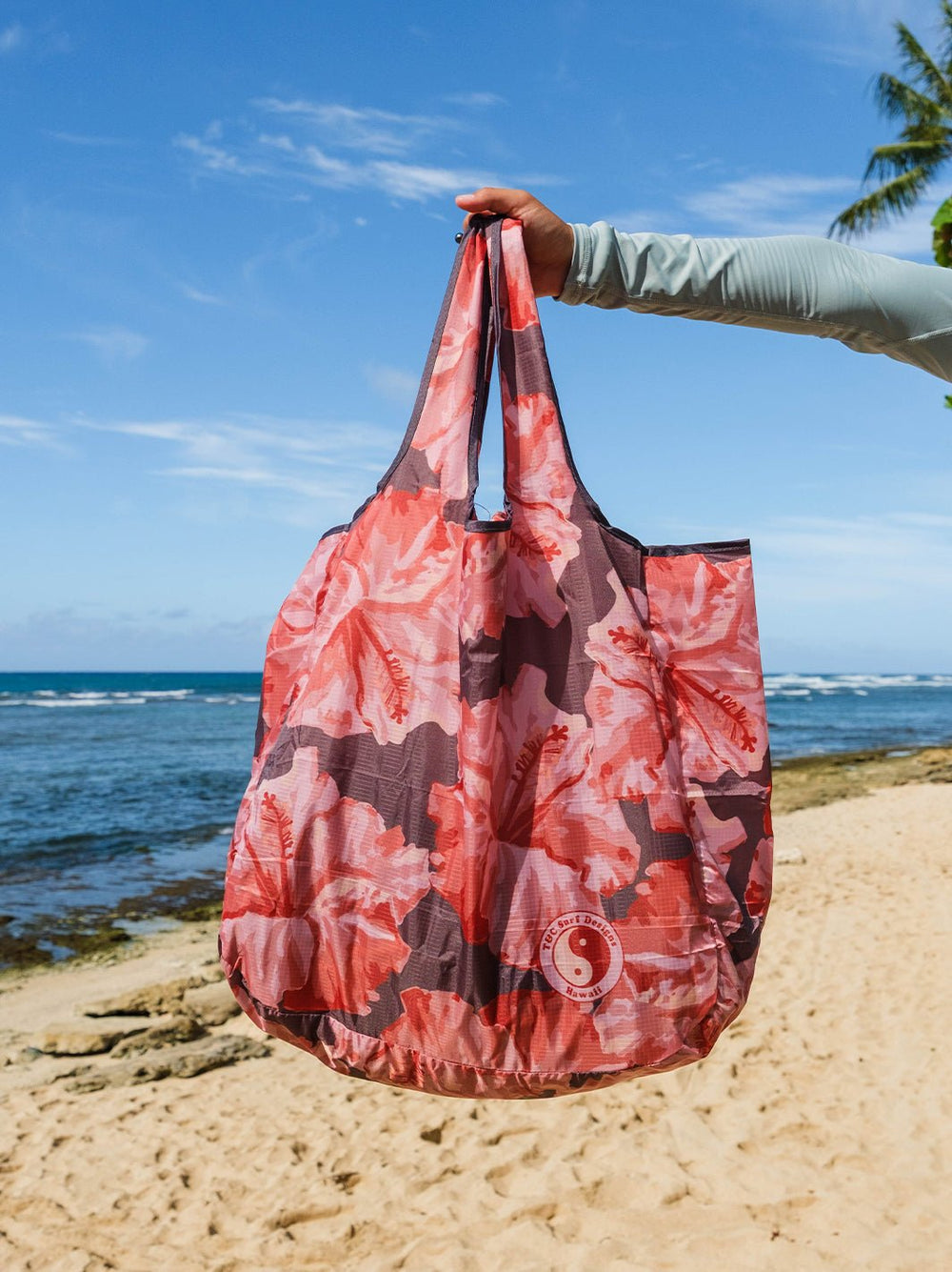 T&C Surf Designs Watercolor Hibiscus Large Tuck & Toss Reusable Tote Bag,