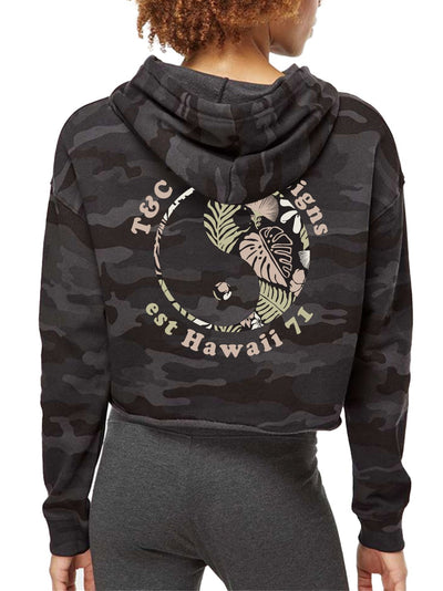 T&C Surf Designs T&C Surf Tropical Print Logo Crop Pullover Hoodie, Black Camo / S