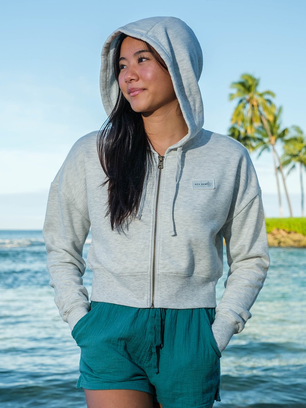 T&C Surf Designs Moana Crop Zip Hoodie, Heather White / XS