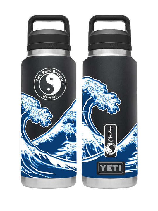 T&C Surf Designs T&C Surf 36 oz Brush Hokusai Rambler Yeti Bottle with Chug Cap, Charocal