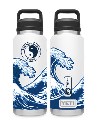 T&C Surf Designs T&C Surf 36 oz Brush Hokusai Rambler Yeti Bottle with Chug Cap, White